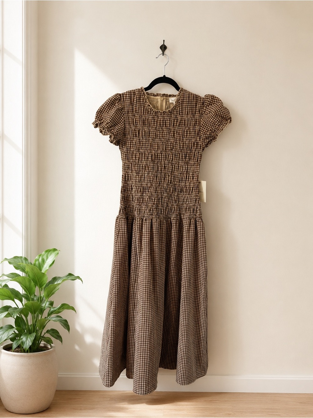Böhme Opal Brown Gingham Smocked Maxi Dress M NWT